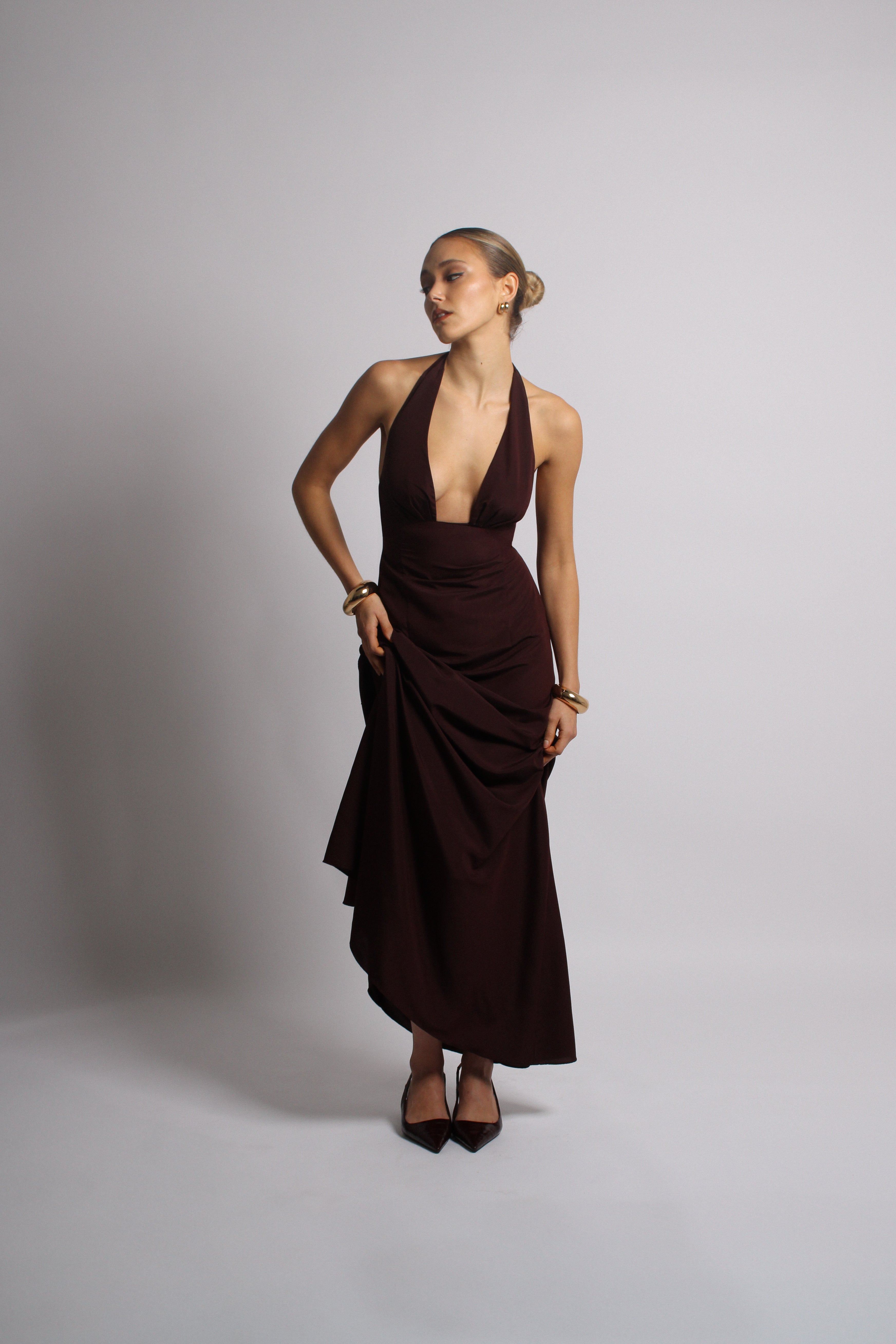 Dark Cherry Plunge Long Dress