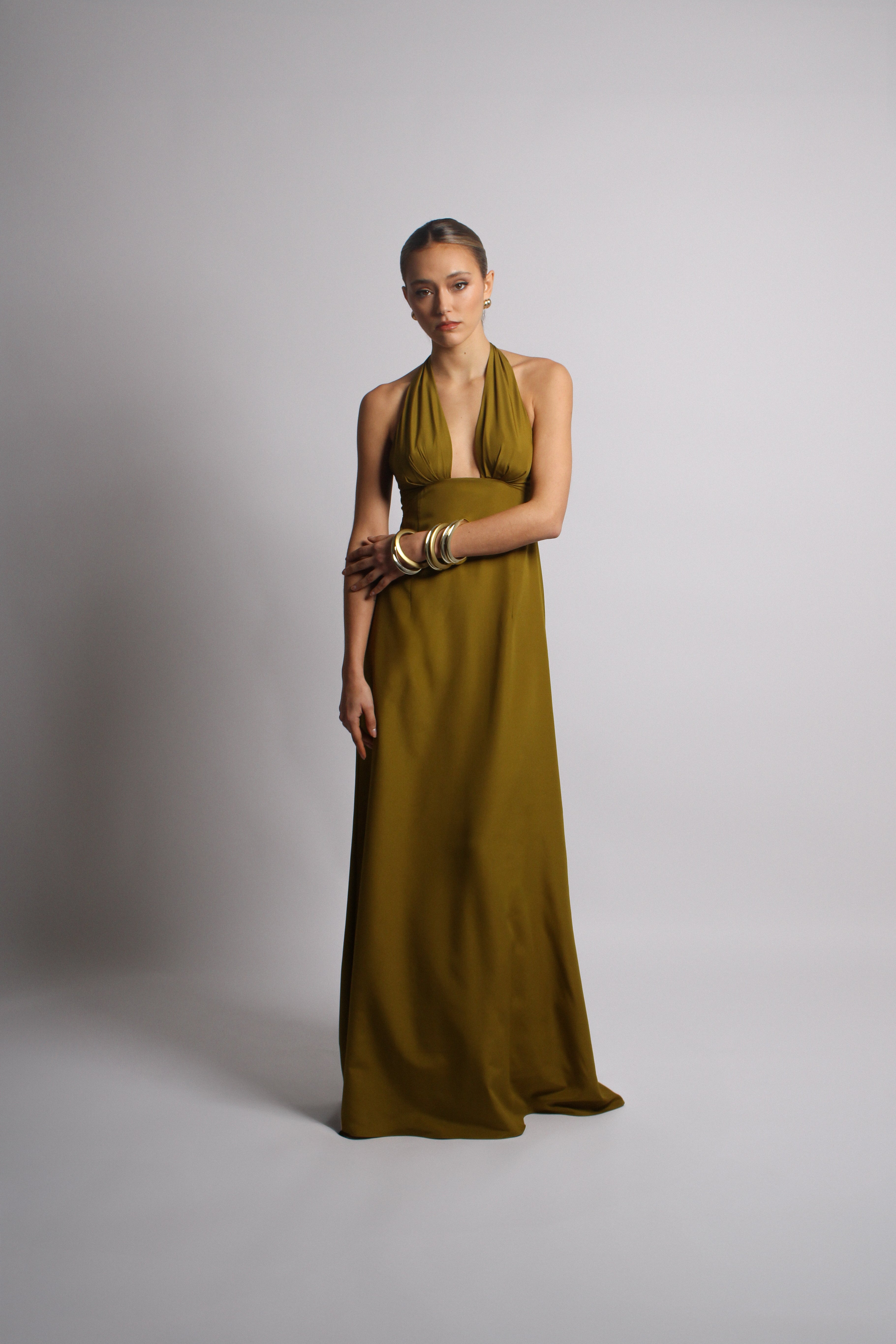 Golden Olive Plunge Long Dress