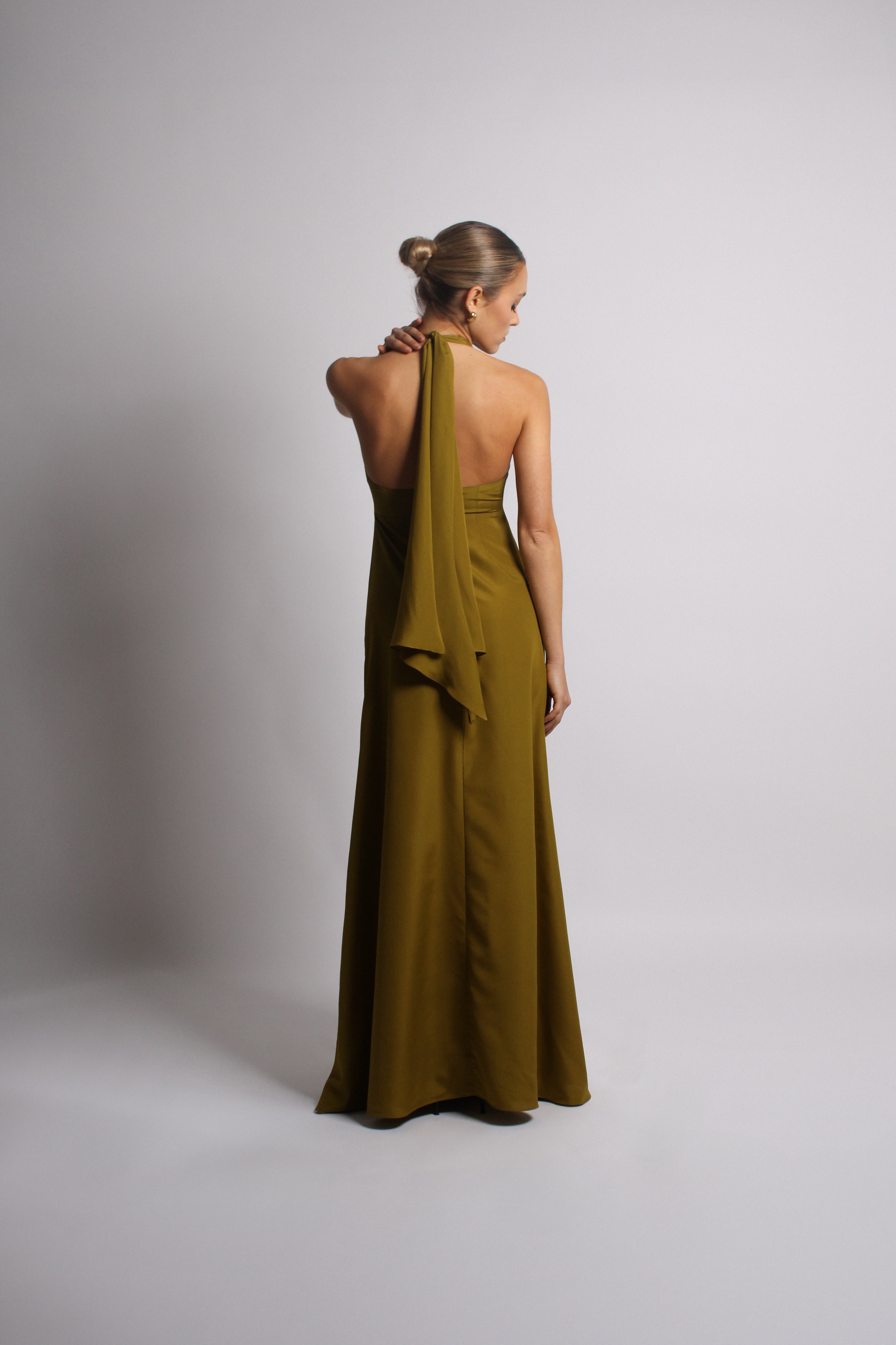 Golden Olive Plunge Long Dress