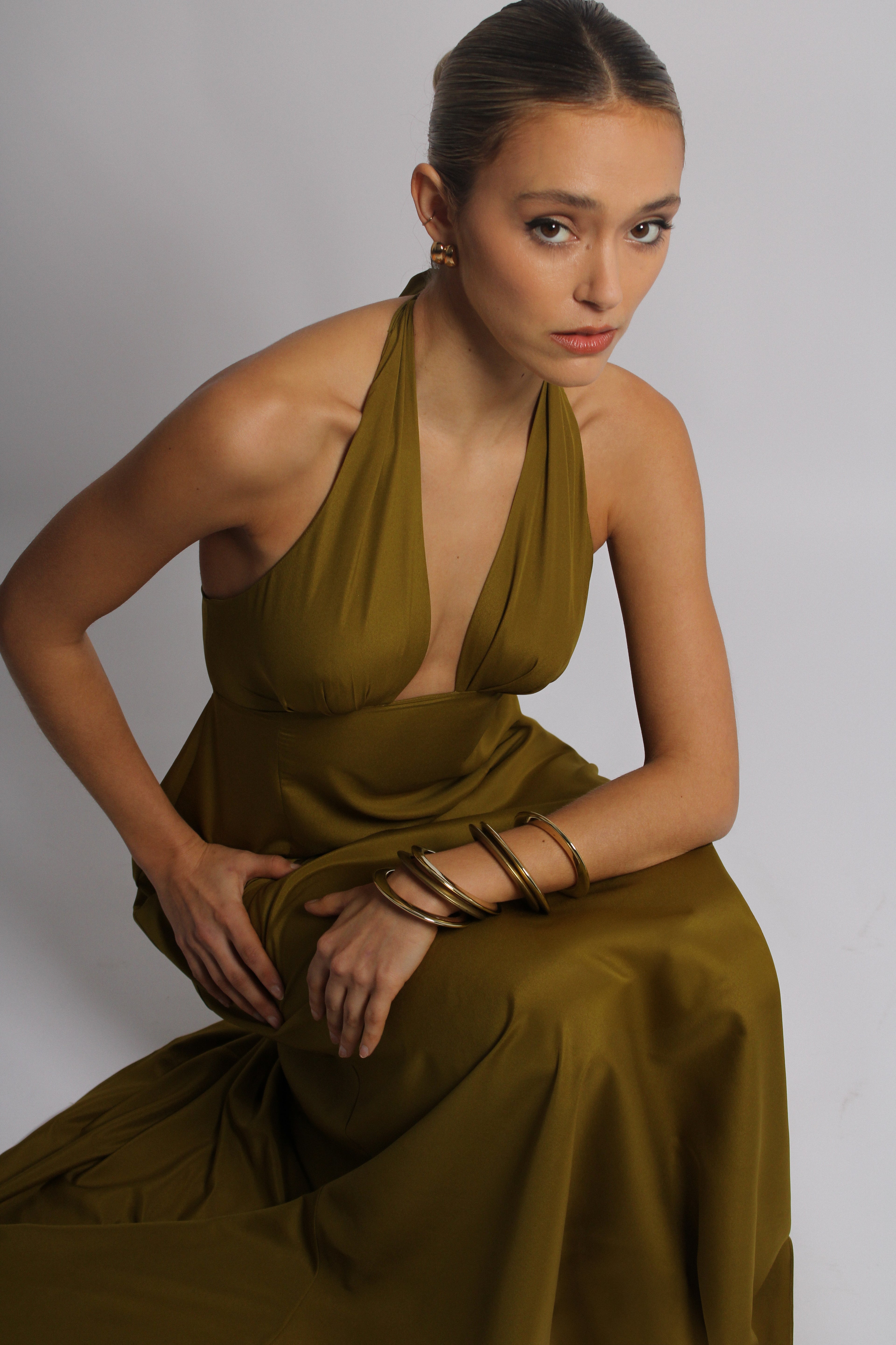 Golden Olive Plunge Long Dress
