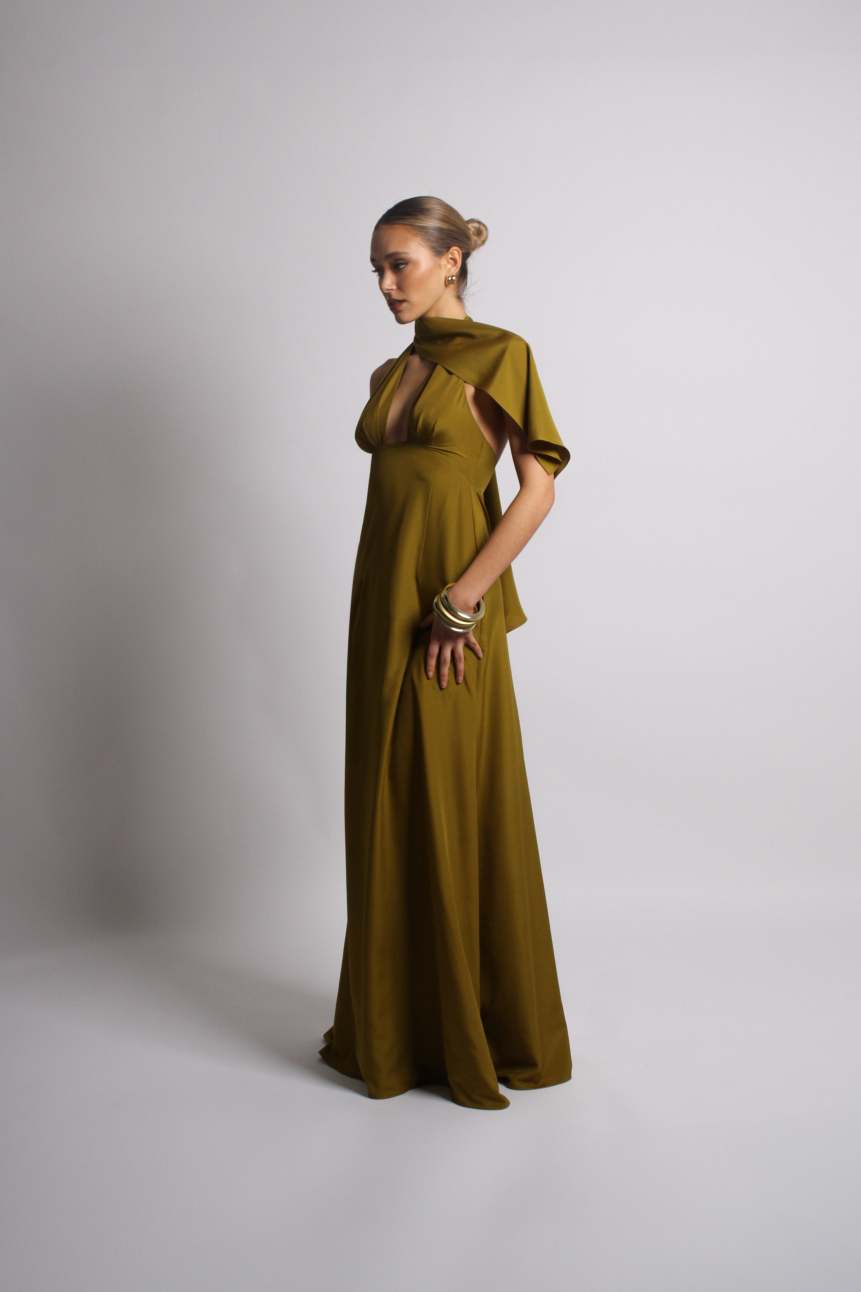 Golden Olive Plunge Long Dress