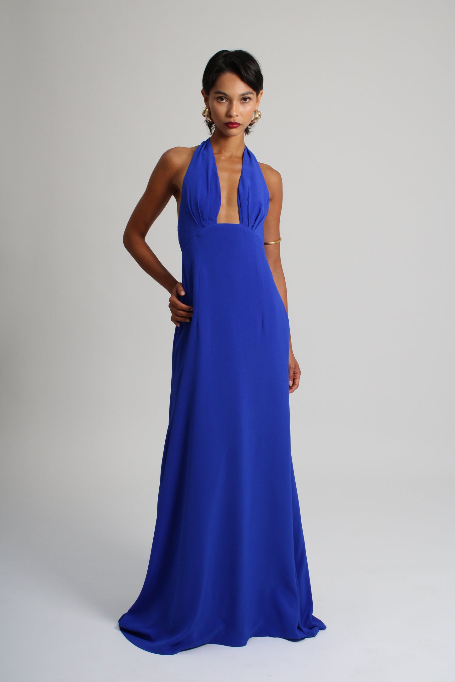 Deep Blue Plunge Silk Long Dress