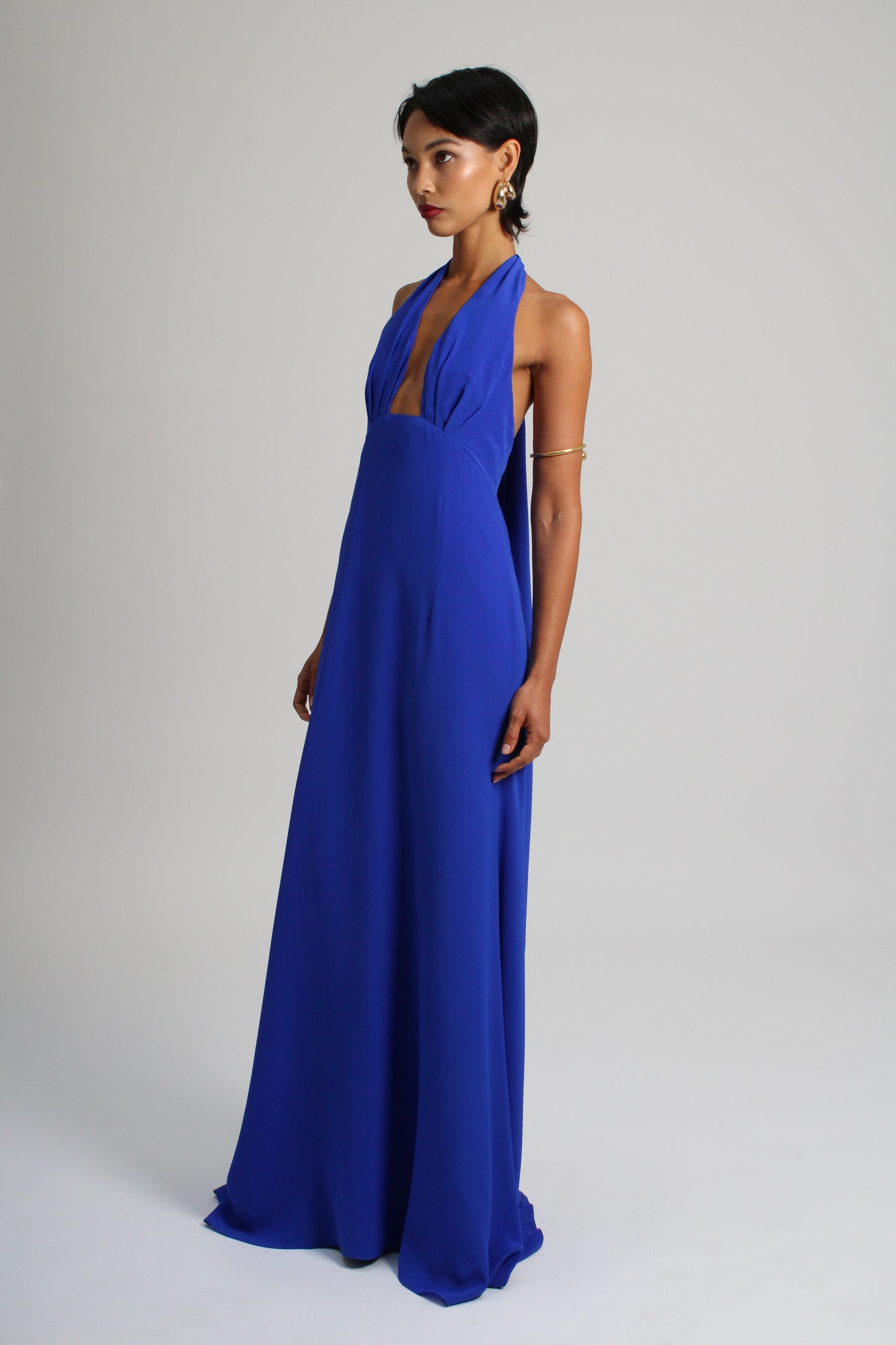 Deep Blue Plunge Silk Long Dress