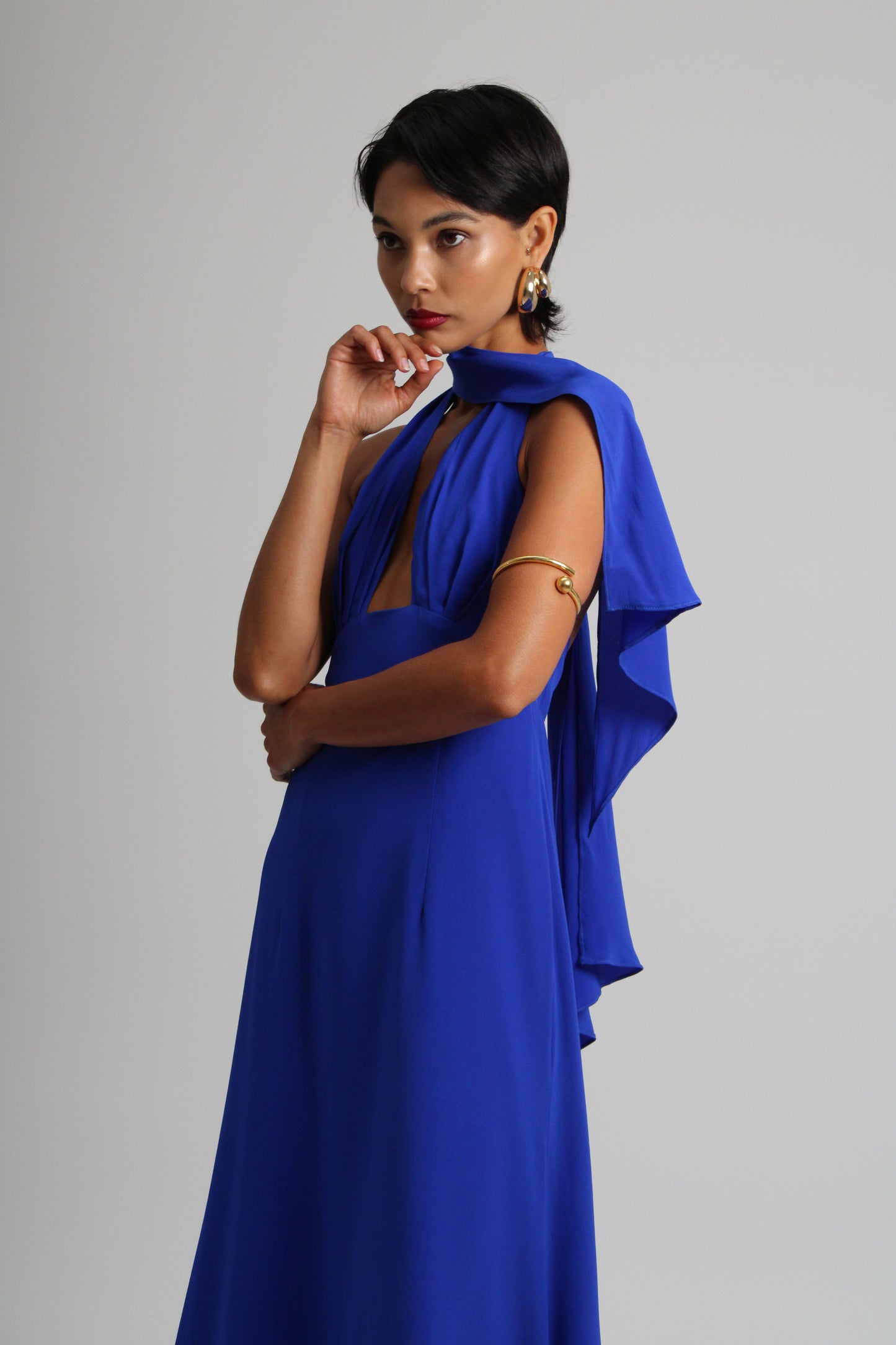 Deep Blue Plunge Silk Long Dress