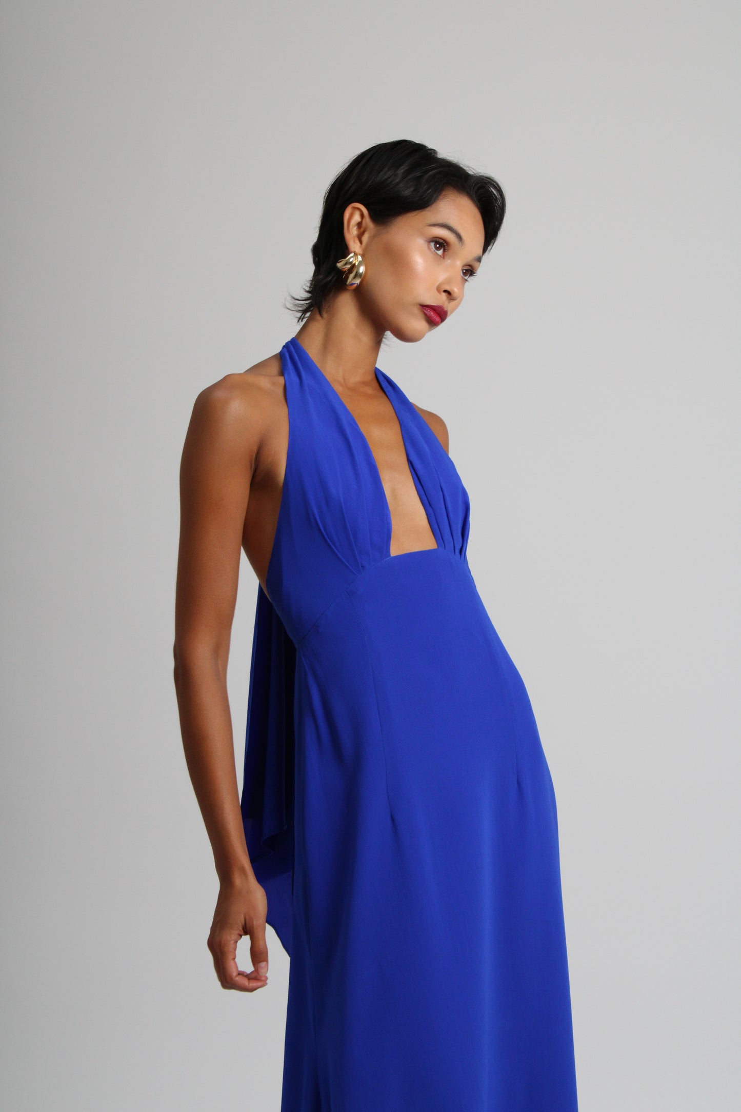 Deep Blue Plunge Silk Long Dress