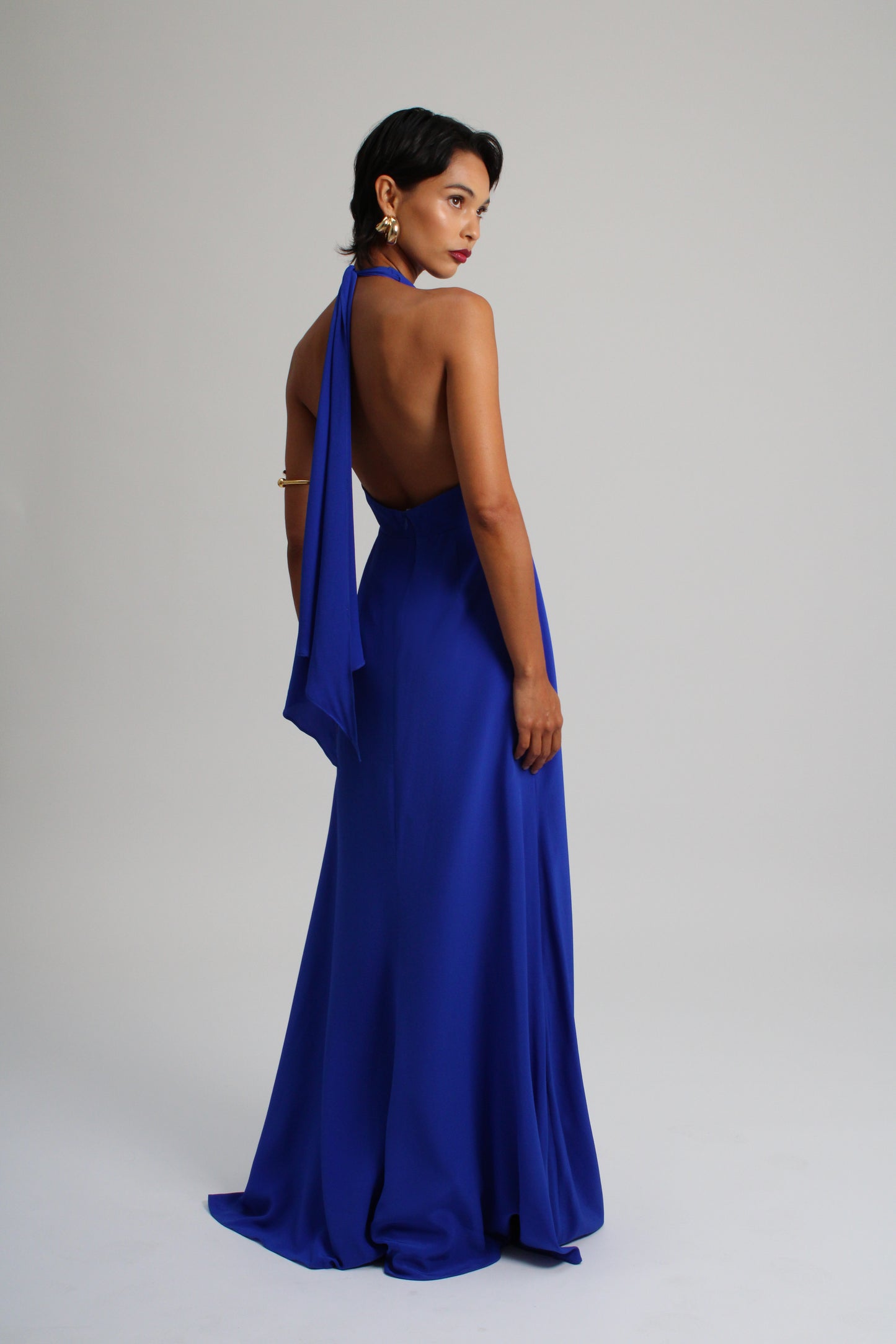 Deep Blue Plunge Silk Long Dress