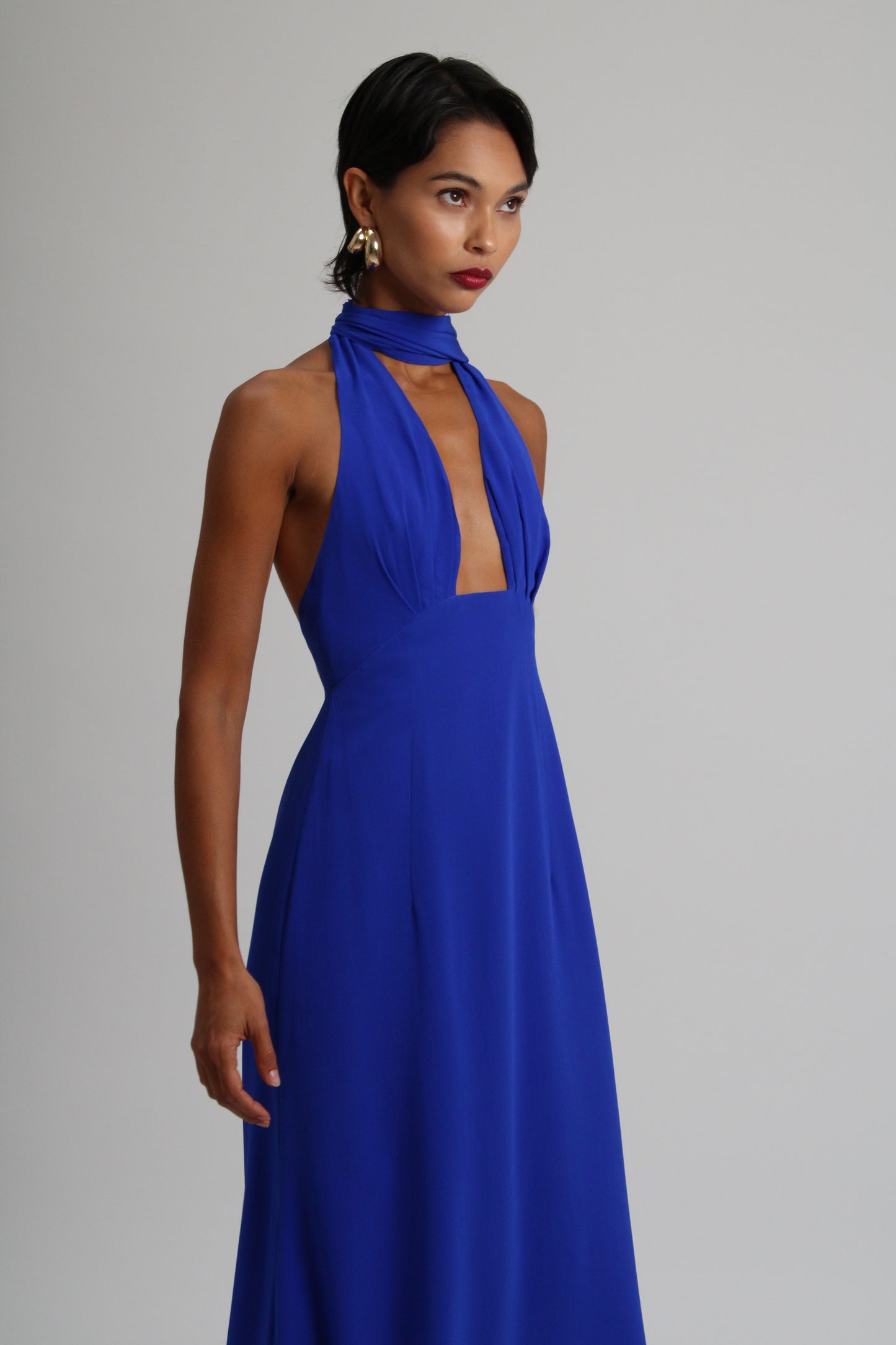 Deep Blue Plunge Silk Long Dress