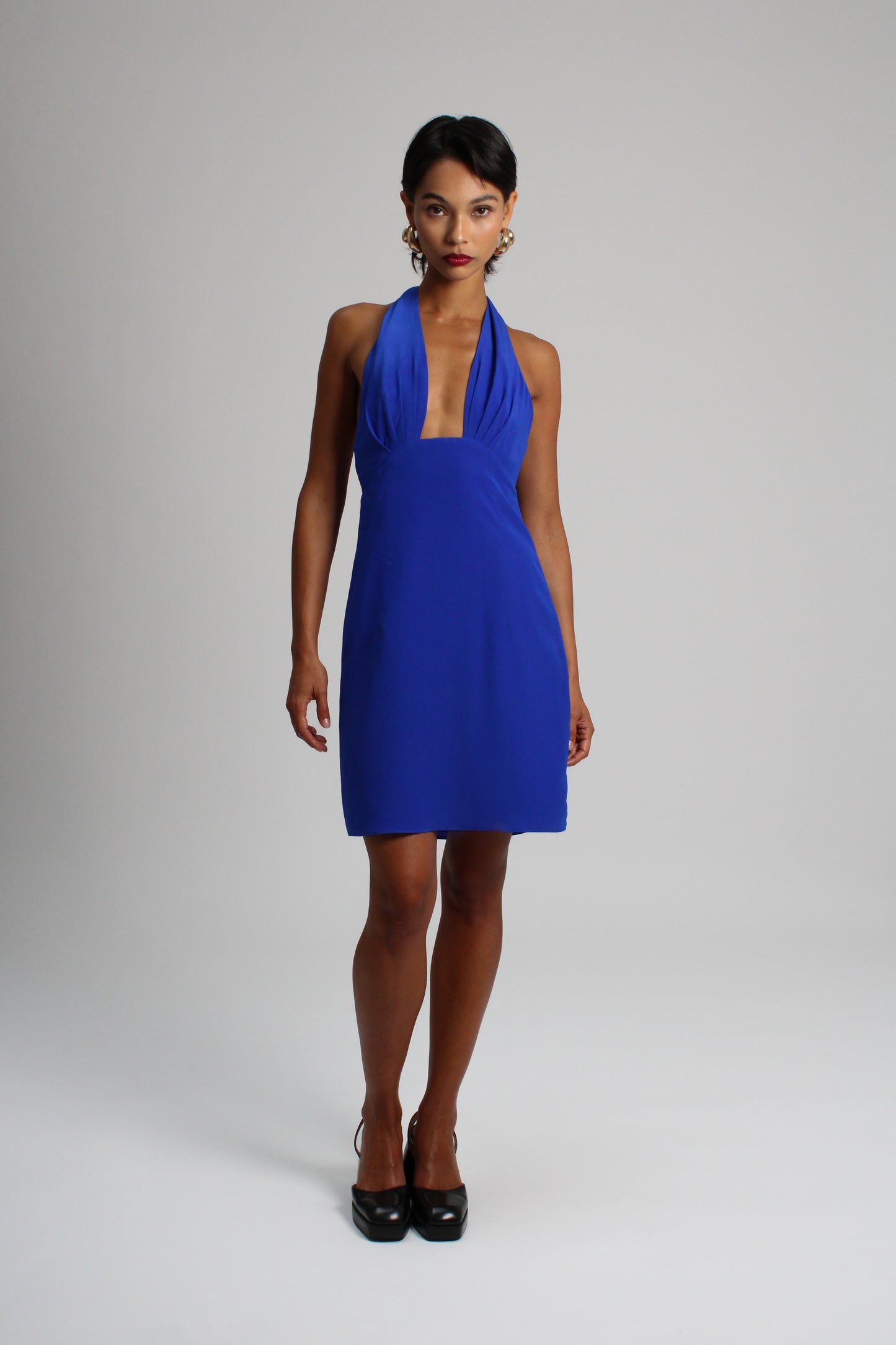 Deep Blue Plunge Silk Short Dress