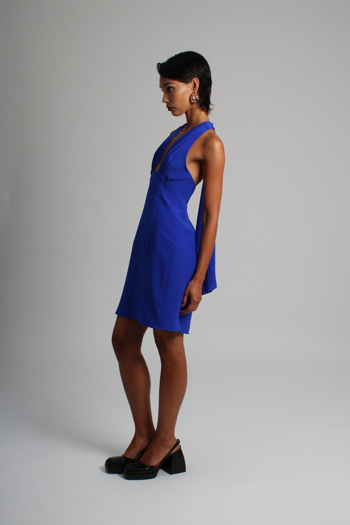 Deep Blue Plunge Silk Short Dress