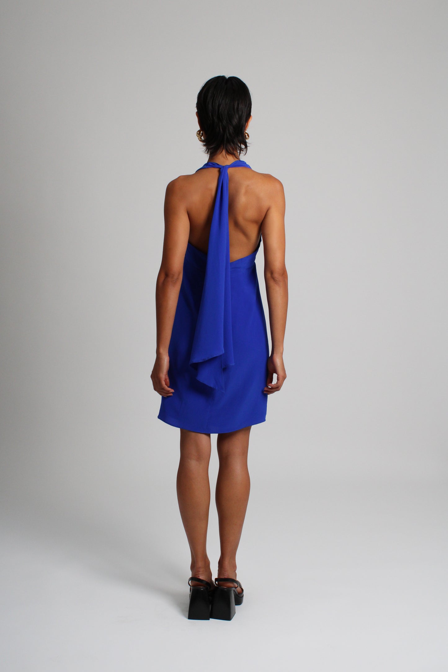 Deep Blue Plunge Silk Short Dress