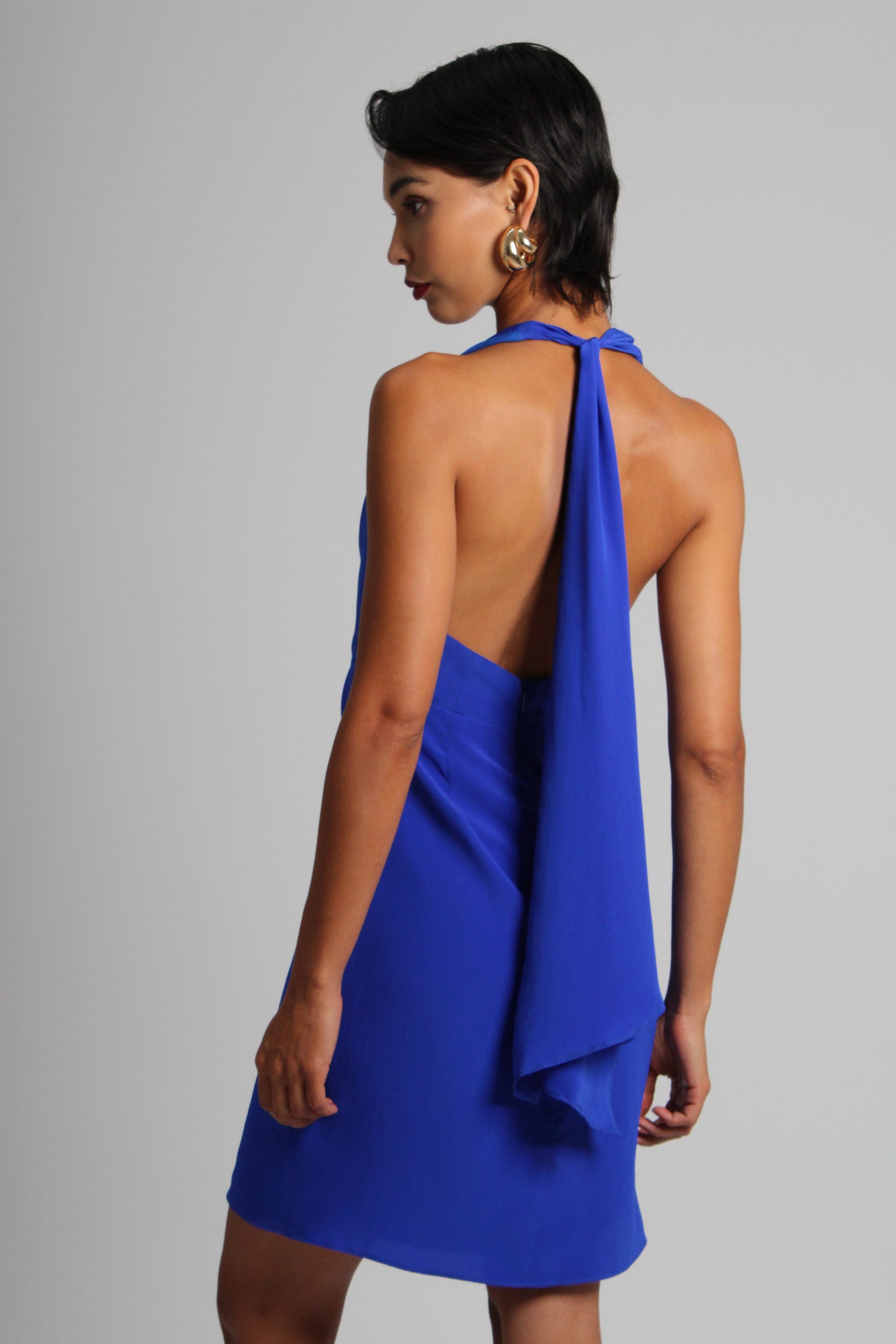 Deep Blue Plunge Silk Short Dress