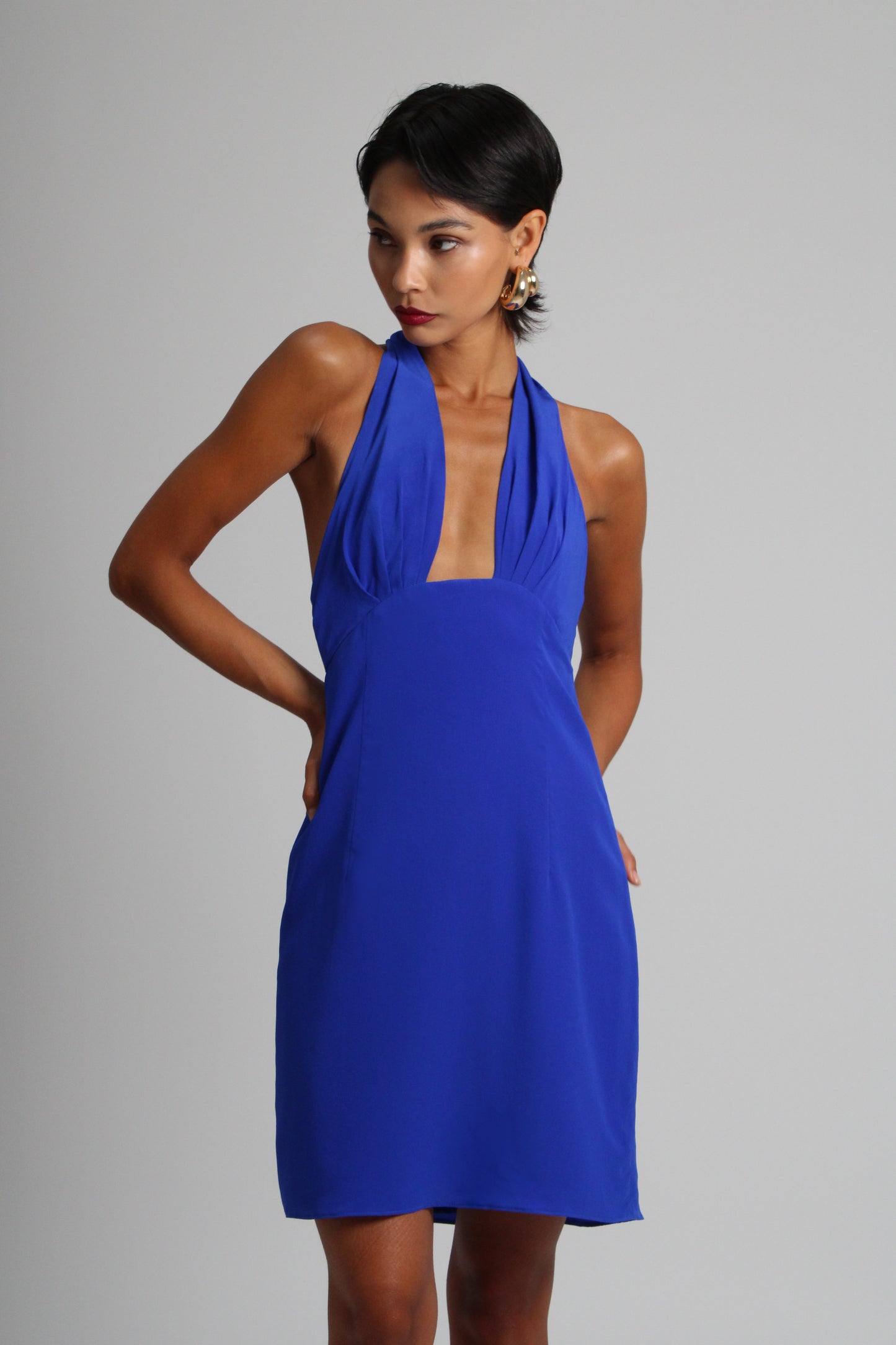 Deep Blue Plunge Silk Short Dress