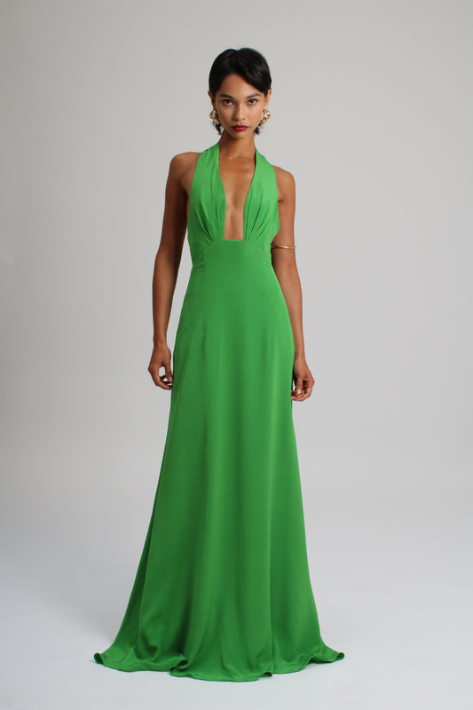 Emerald Green Plunge Silk Long Dress