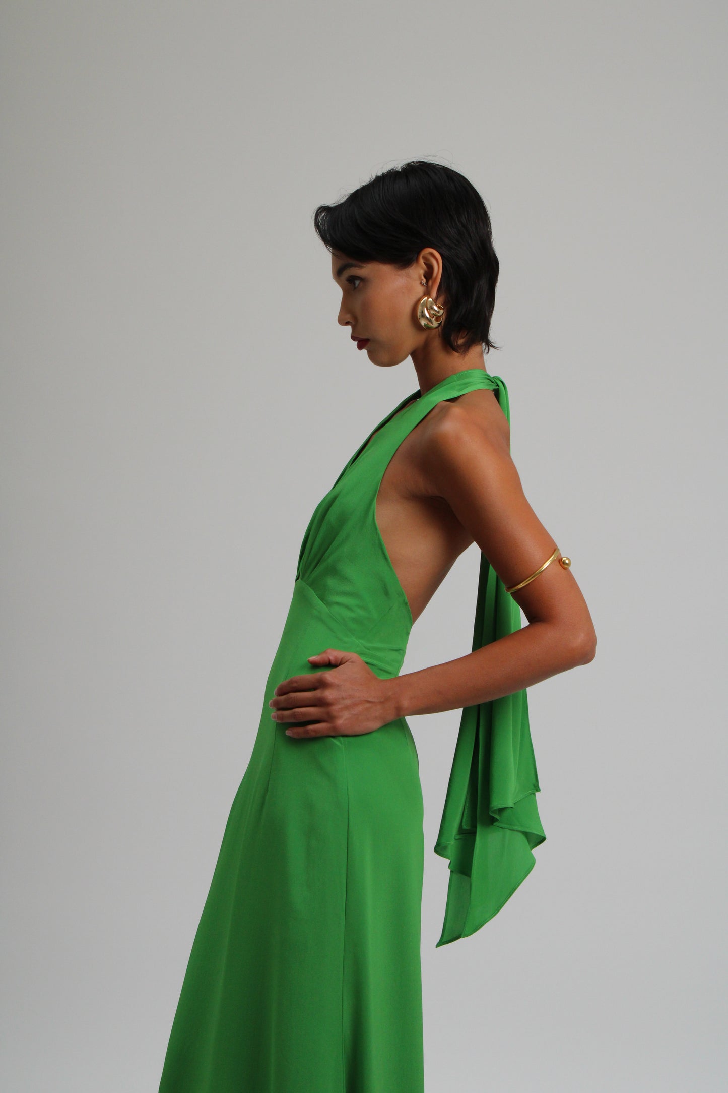 Emerald Green Plunge Silk Long Dress