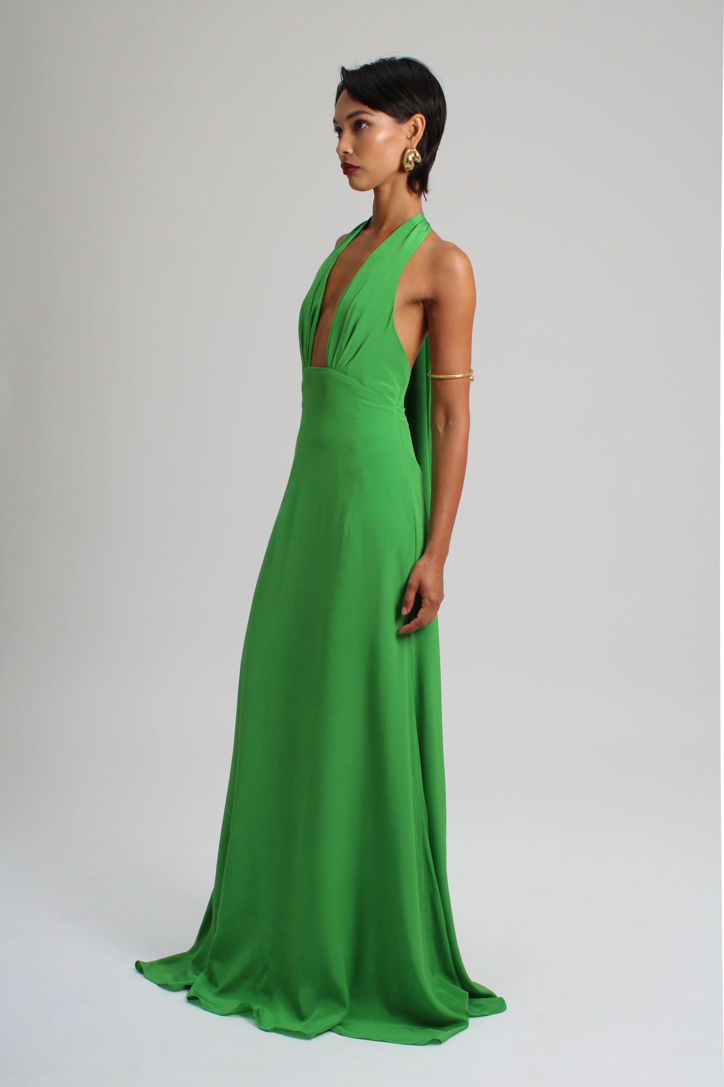 Emerald Green Plunge Silk Long Dress