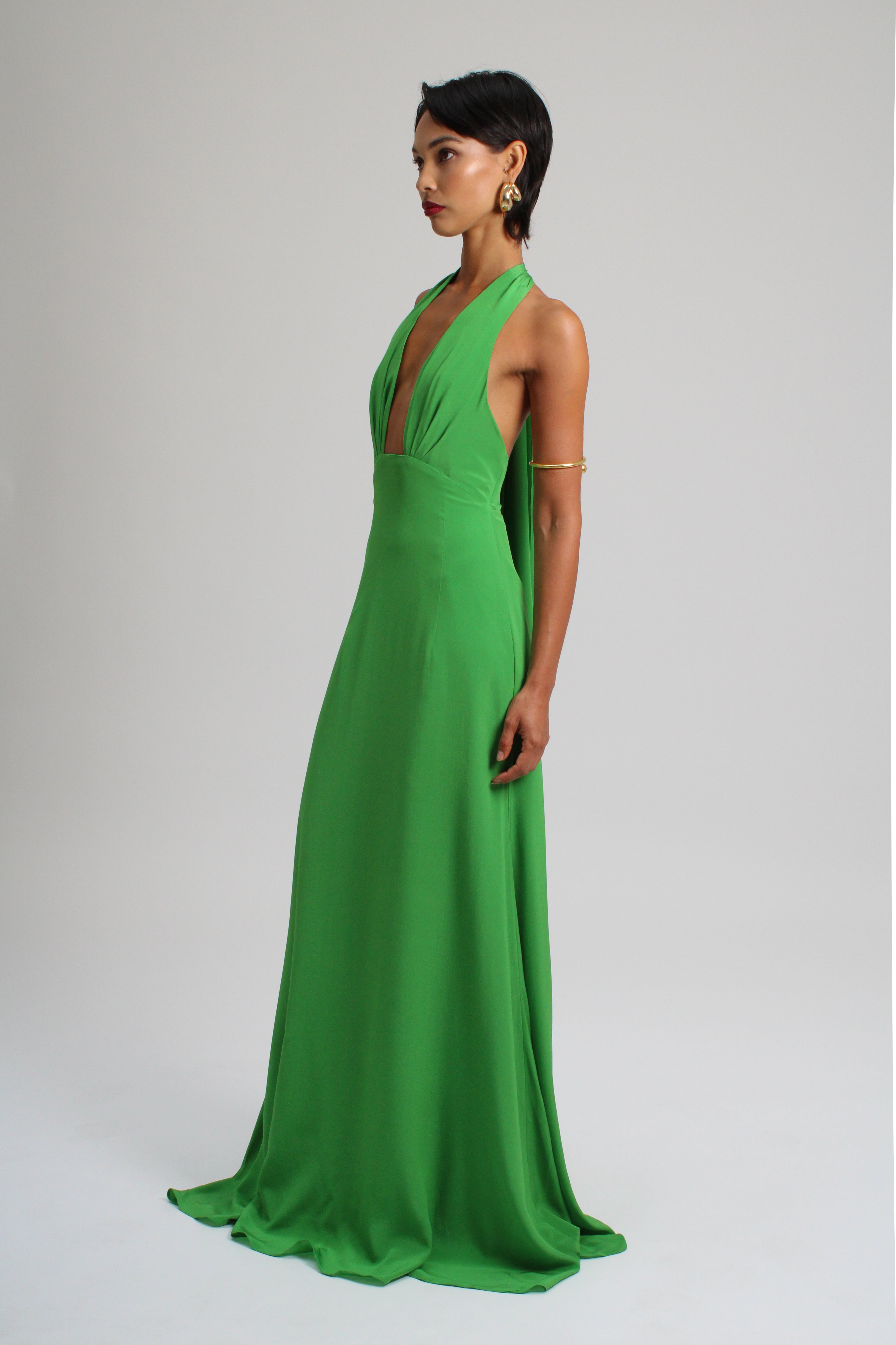 Emerald Green Plunge Silk Long Dress