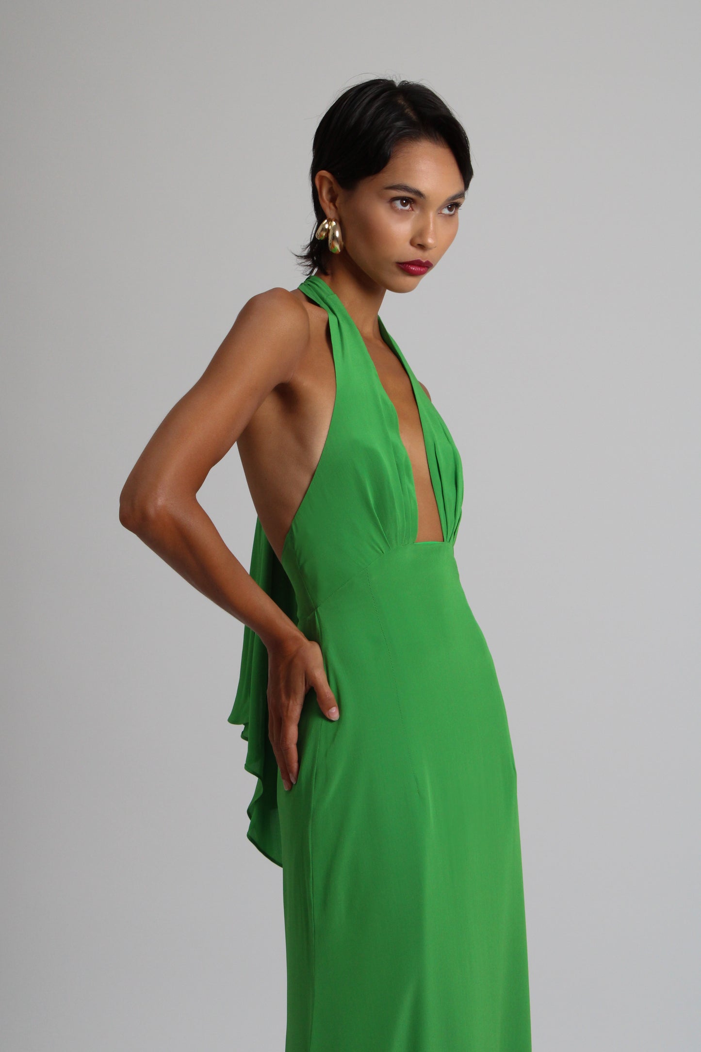 Emerald Green Plunge Silk Long Dress