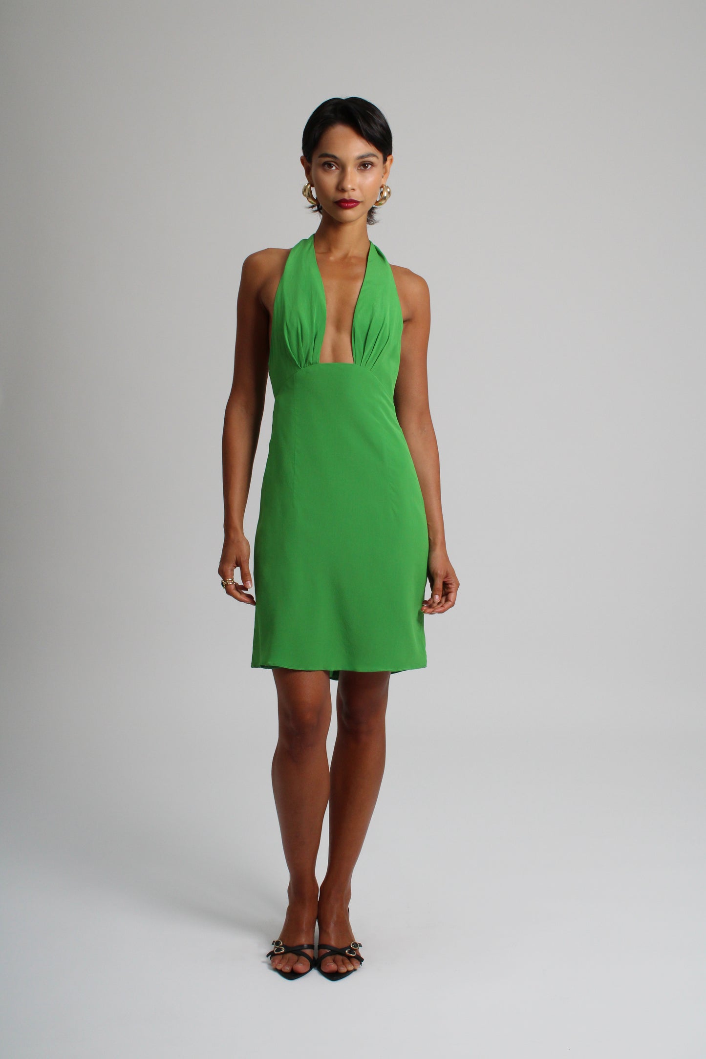 Emerald Green Plunge Silk Short Dress