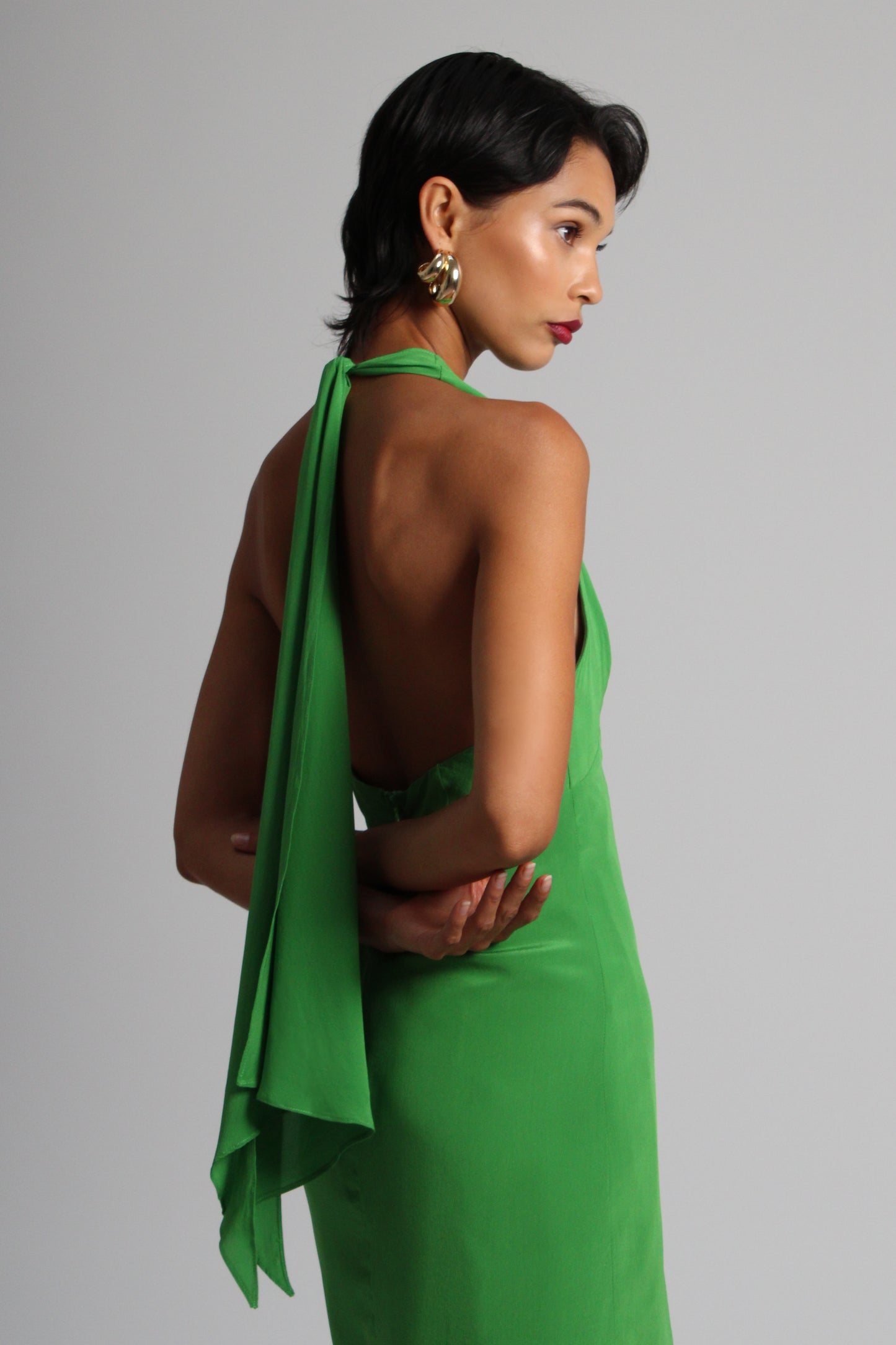 Emerald Green Plunge Silk Short Dress