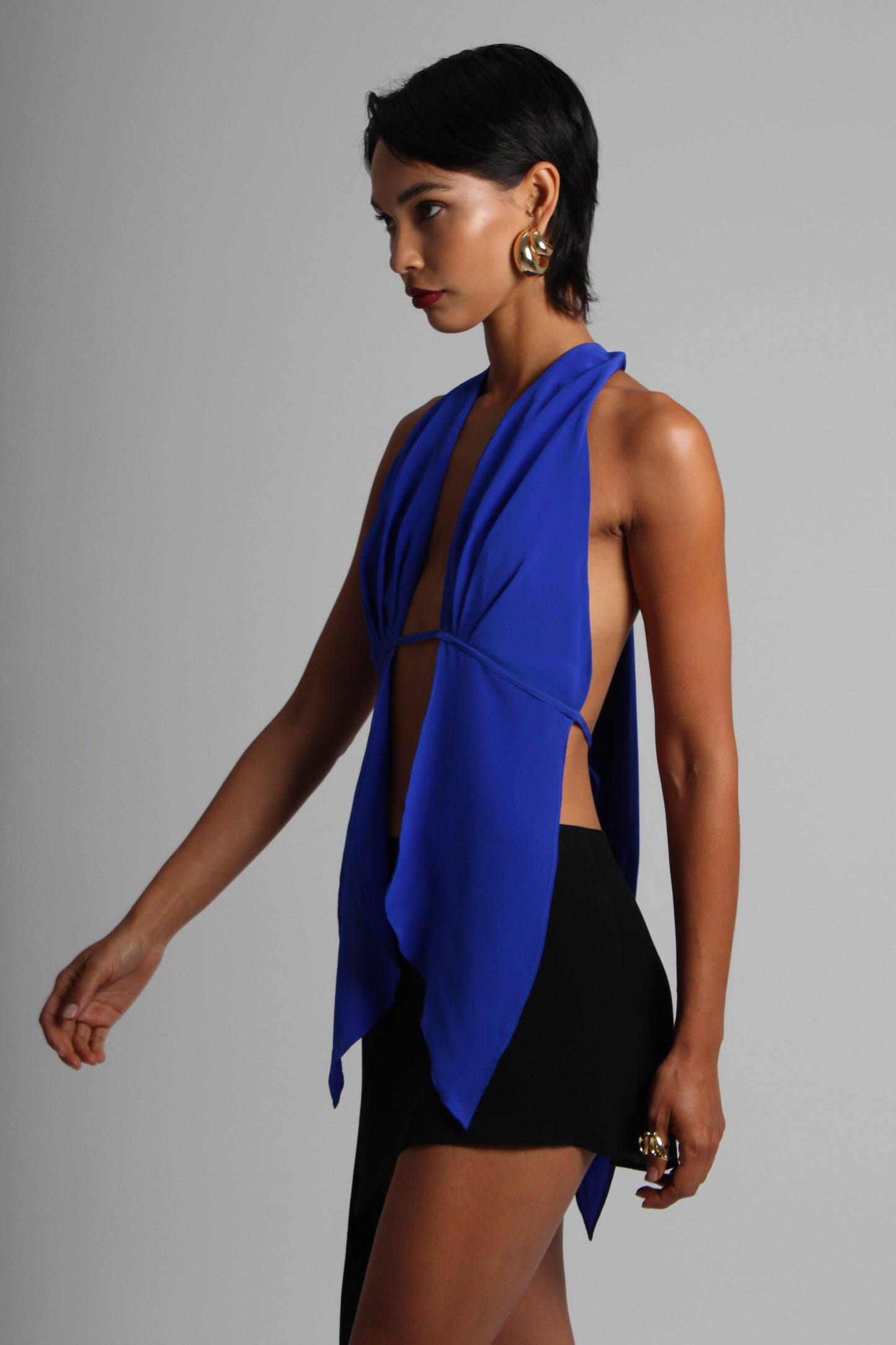 Deep Blue Plunge Silk Top